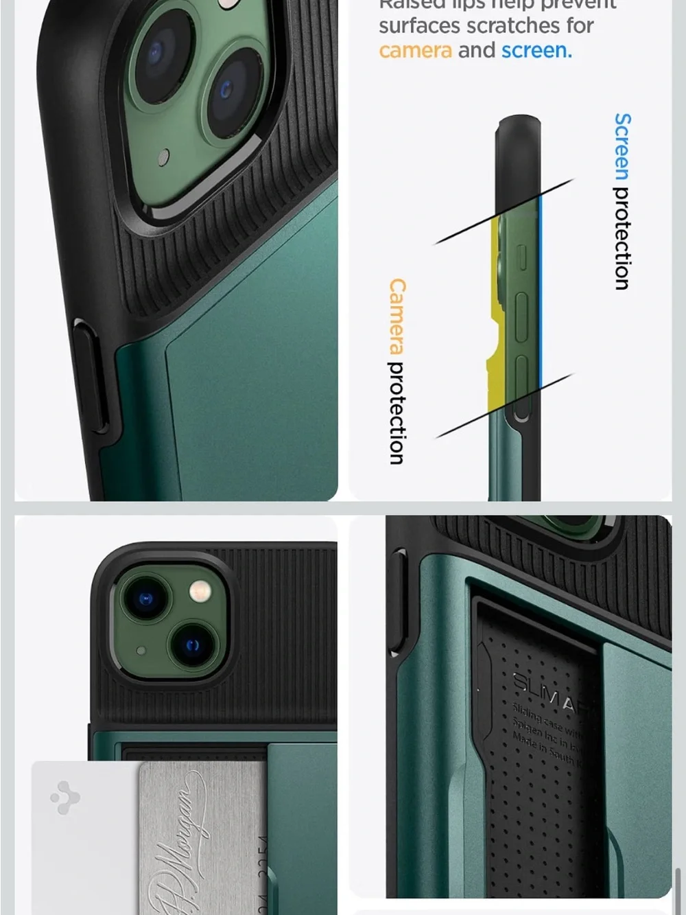 Spigen iPhone 13 Card Slot Case in Forest Green with Sliding Wallet